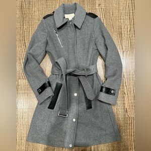 Michael Kors Faux Leather Trim Gray Coat XXS